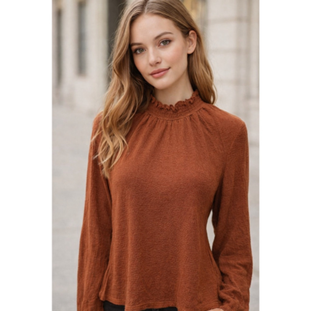 Burnt Orange Ruffle Mock Neck Long Sleeve Sweater M